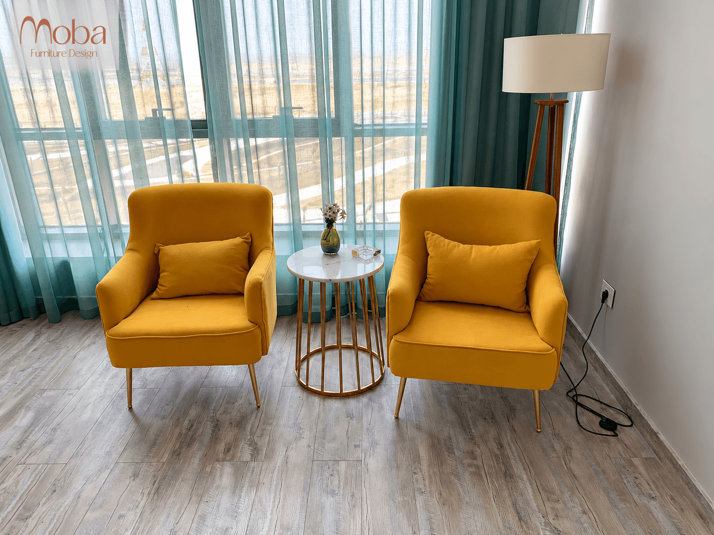 Mustard lounge chairs in hotel room – Moba Furniture