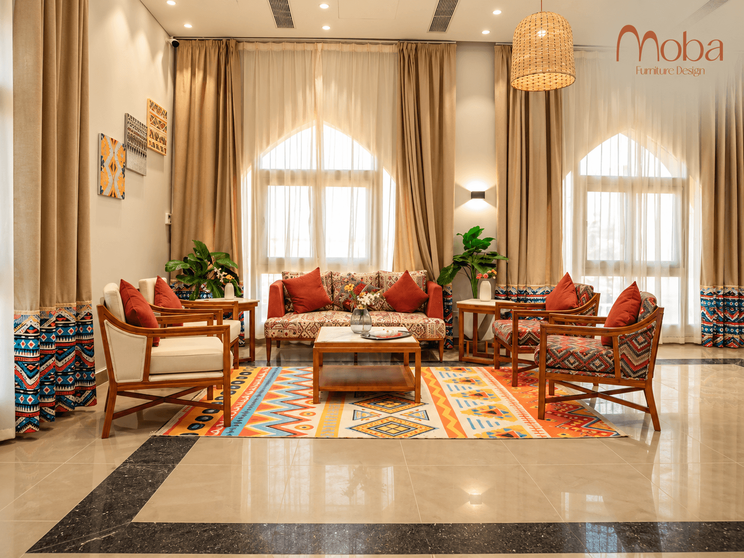 Hotel lobby seating with kilim upholstery – Moba Furniture