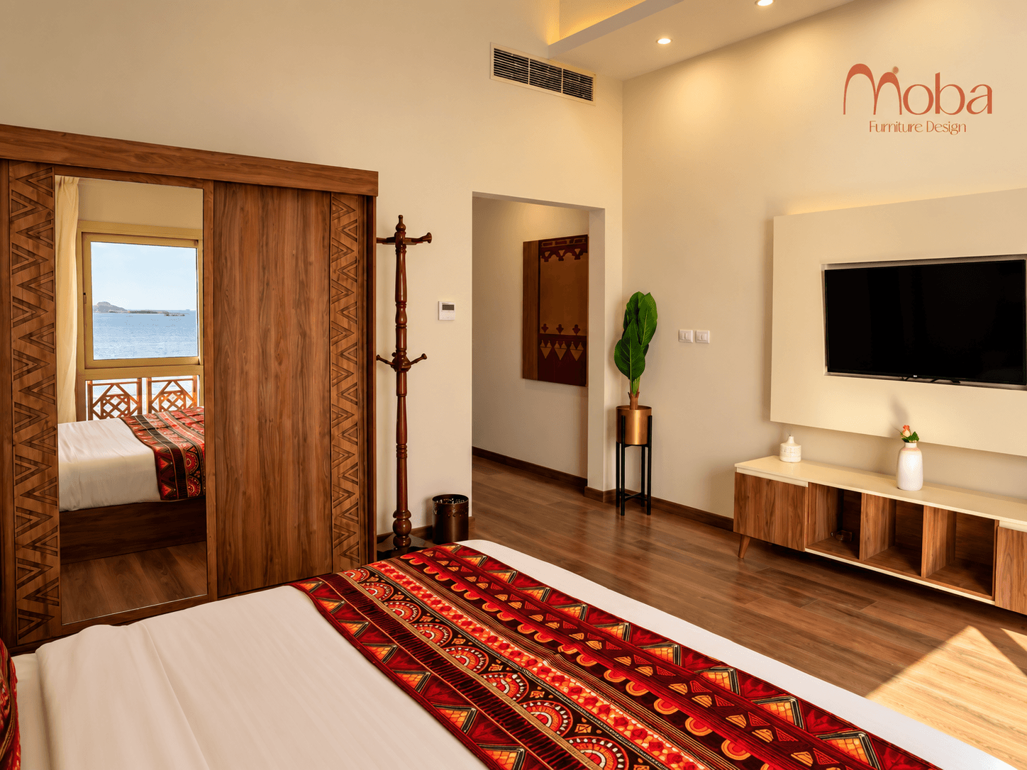 Hotel room wardrobe, TV unit and double bed – Moba Furniture