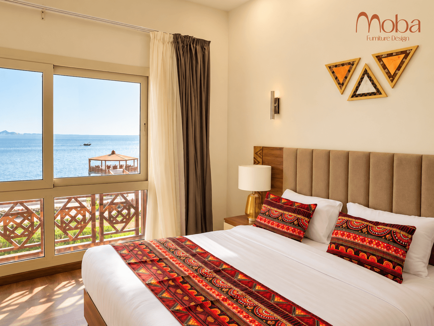 Sea-view hotel bedroom with upholstered headboard – Moba Furniture