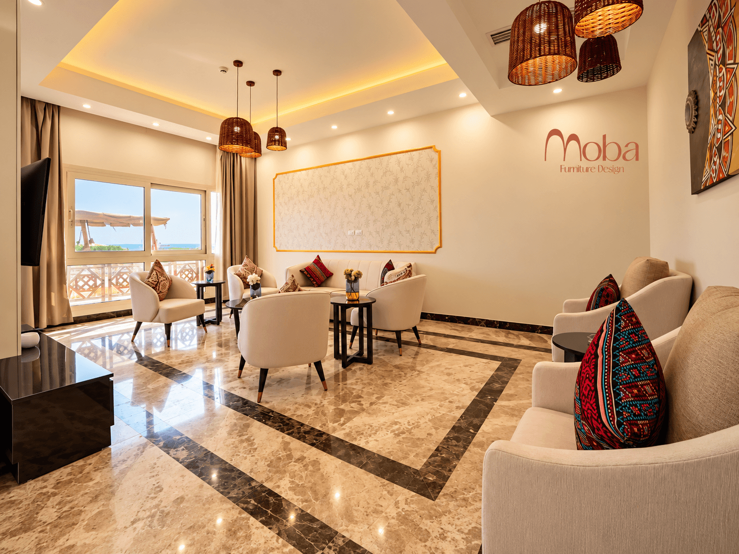 Hotel suite living area with cream sofas – Moba Furniture