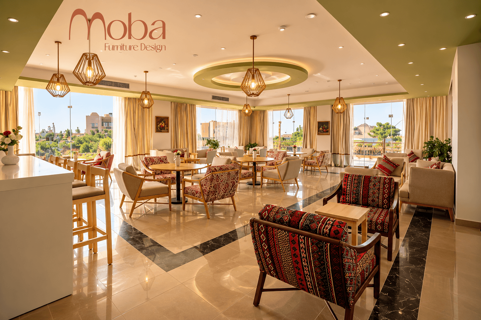 Hotel restaurant with patterned armchairs – Moba Furniture