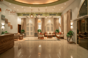 Hotel lobby with reception counter and lounge – Moba Furniture