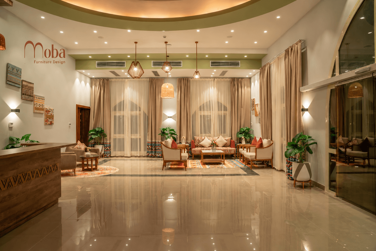 Hotel lobby with reception counter and lounge – Moba Furniture