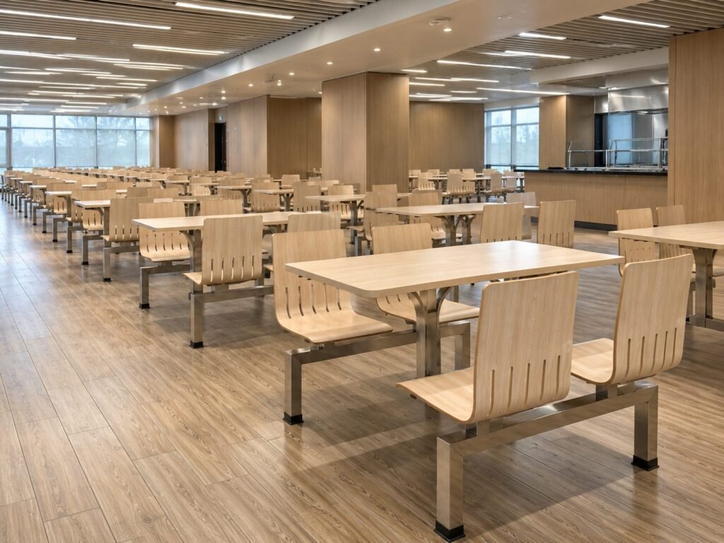 4-Seater Canteen Table with Attached Wooden Seats