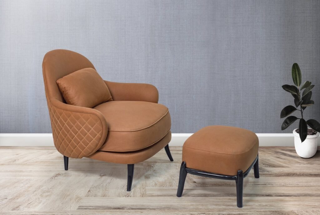 Camel Leather Lounge Armchair with Ottoman