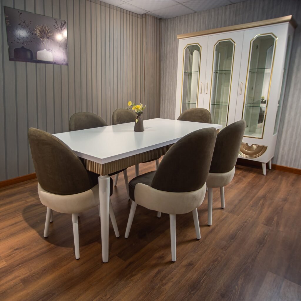 Complete White & Gold Dining Room Set: Table, 6 Chairs, Buffet & Display Cabinet - صورة 2