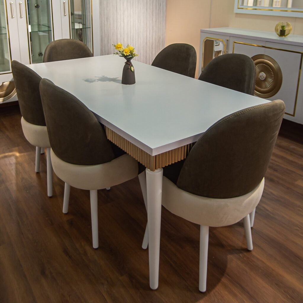 Complete White & Gold Dining Room Set: Table, 6 Chairs, Buffet & Display Cabinet - صورة 4