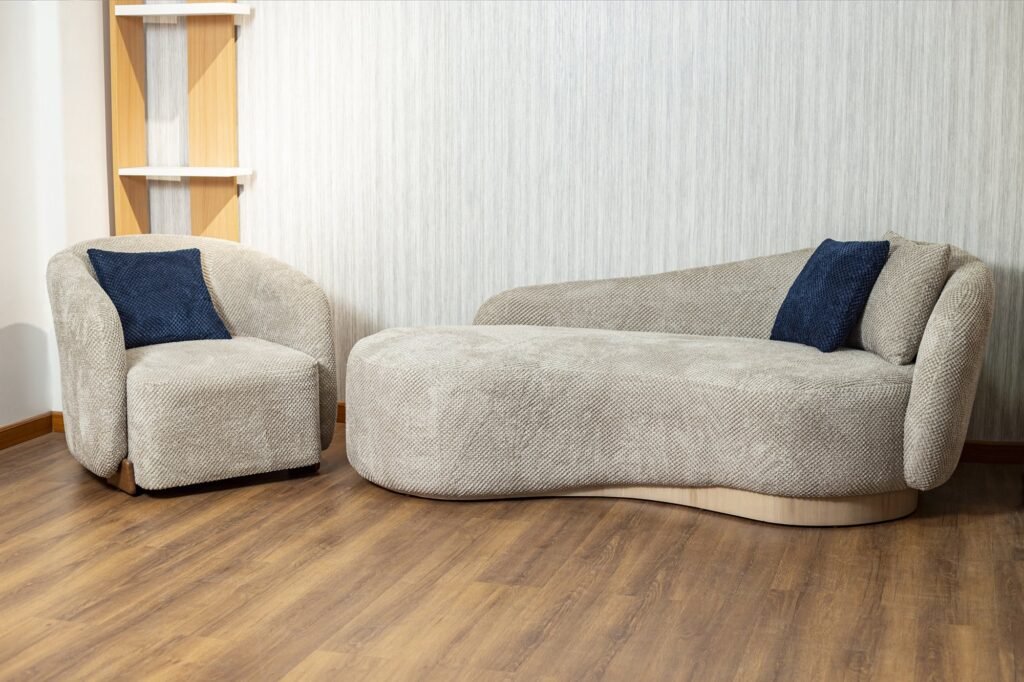 Curved Chaise Sofa, Armchair & Pouf Set in Textured Fabric