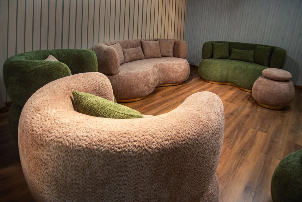 Curved Green & Blush Living Room Set with Armchairs & Poufs