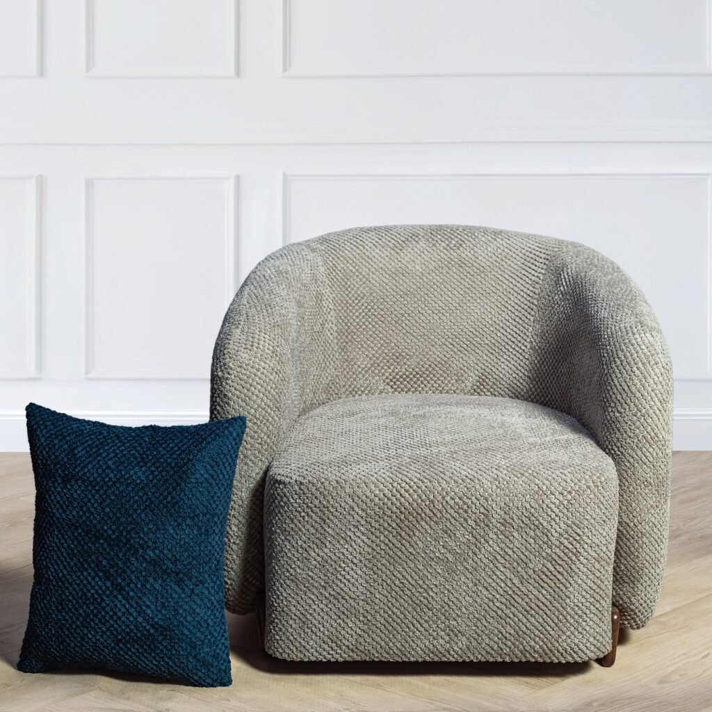Curved Grey Textured Armchair with Navy Cushion - صورة 2