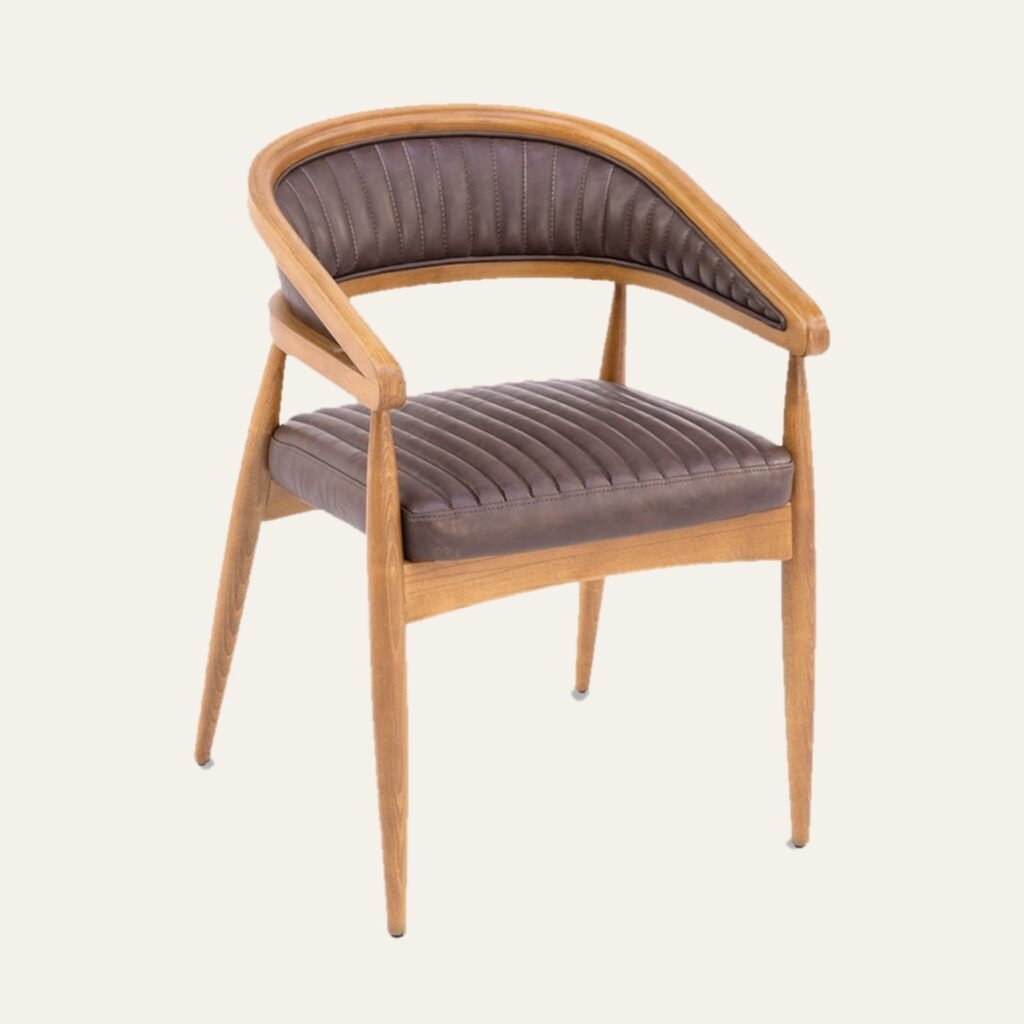 Curved Wood Frame Armchair with Brown Channel-Tufted Leather