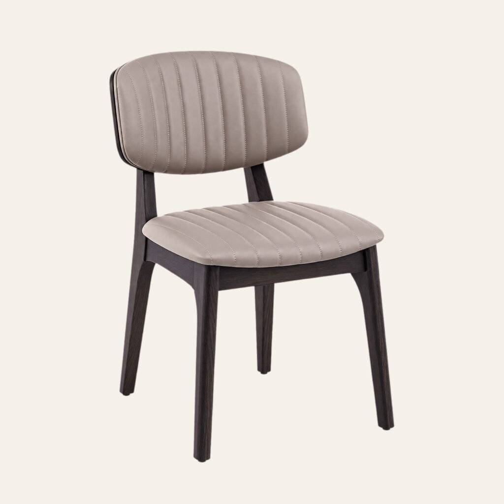 Dark Wood Dining Chair with Grey Channel-Tufted Upholstery