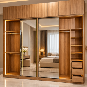 Modern Sliding Mirror Wardrobe with LED Lighting