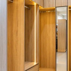 Light Oak Walk-in Dressing Room with Glass Display Cabinet