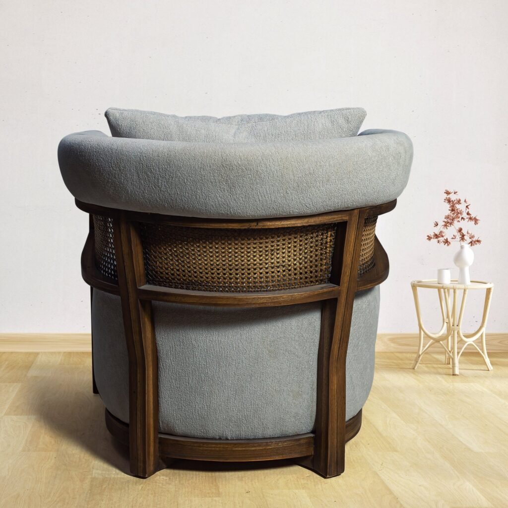 Grey Armchair with Cane Back & Wooden Frame - صورة 3