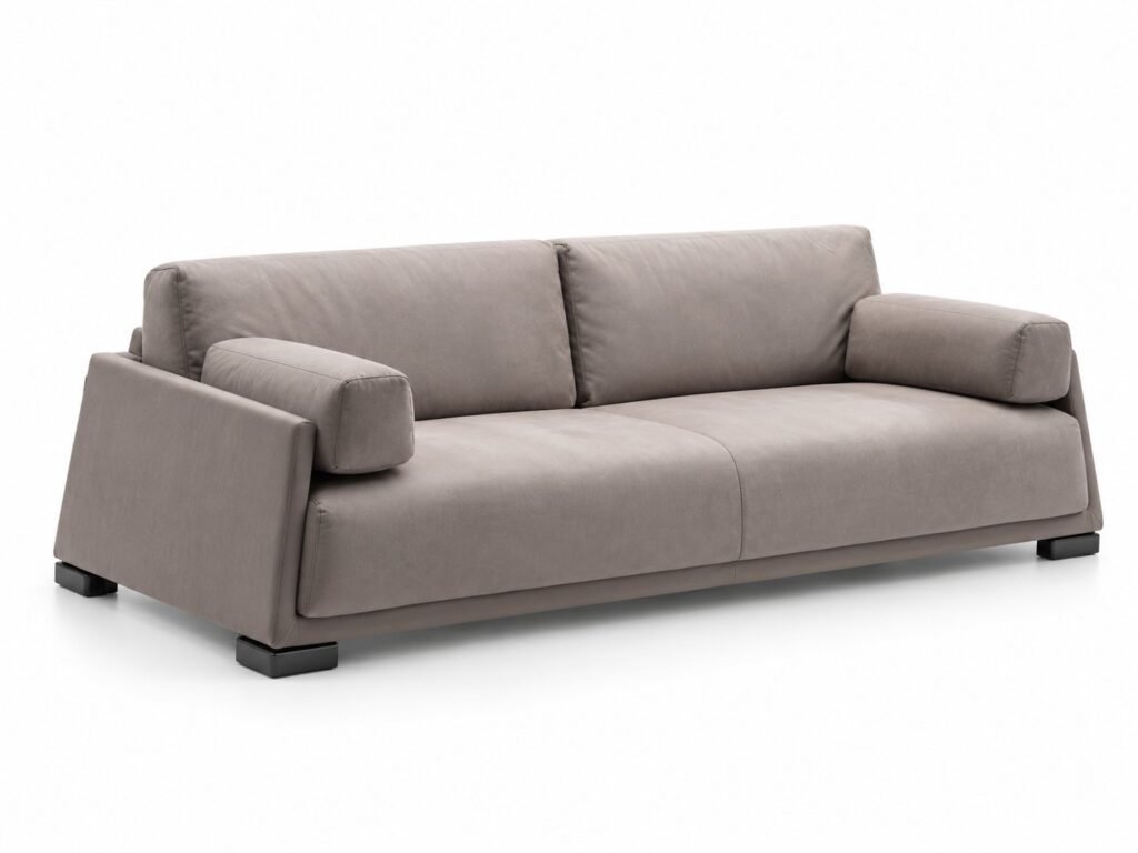 Grey Fabric Sofa with Bolster Arm Cushions