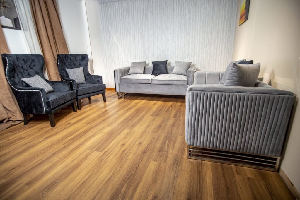 Grey Velvet Sofa Set with Black Tufted Wingback Chairs