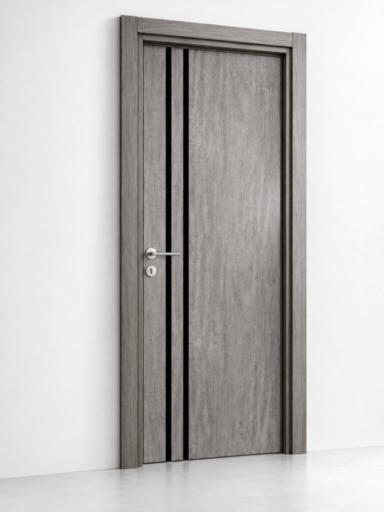Grey Wood-Grain Interior Door with Vertical Black Lines