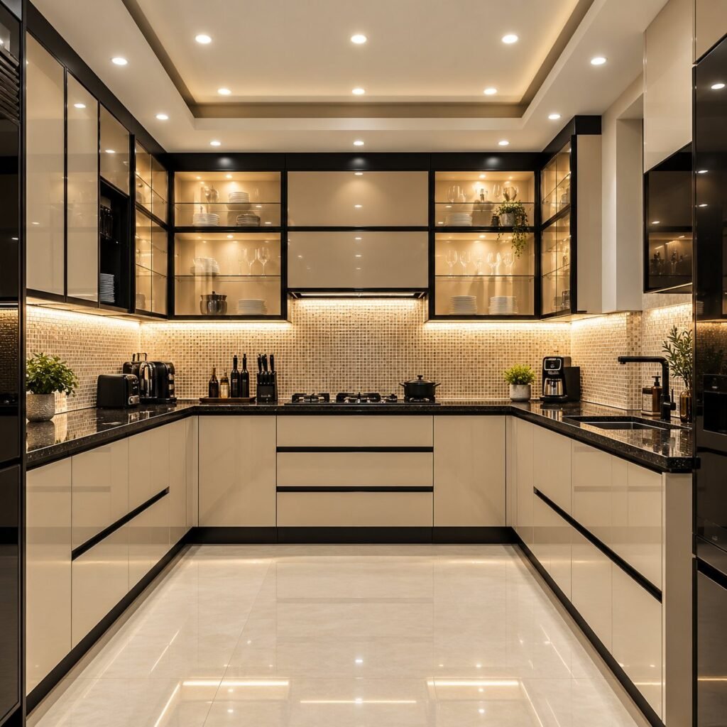 High-Gloss Cream U-Shaped Kitchen with Black-Framed Glass Cabinets