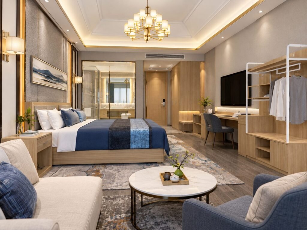 Hotel Suite with Navy Accents and Seating Area
