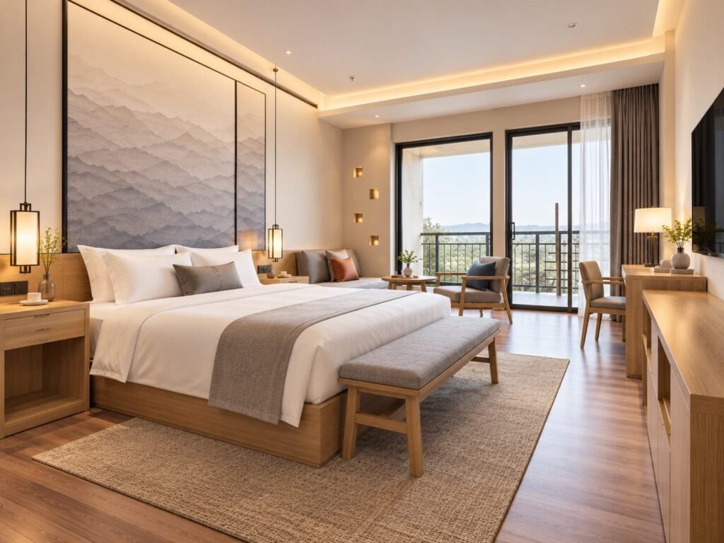 King Hotel Room with Landscape Wall Panel and Wooden Bench - صورة 3
