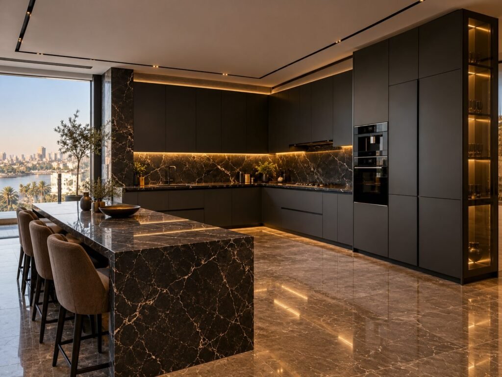 Matte Black L-Shaped Kitchen with Gold-Veined Black Marble