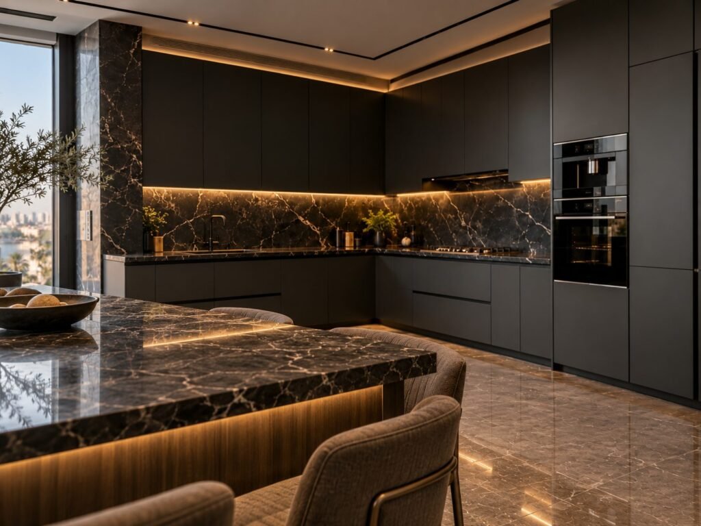 Matte Black L-Shaped Kitchen with Gold-Veined Black Marble - صورة 3