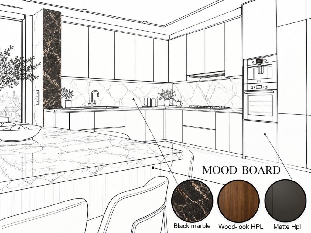 Matte Black L-Shaped Kitchen with Gold-Veined Black Marble - صورة 4