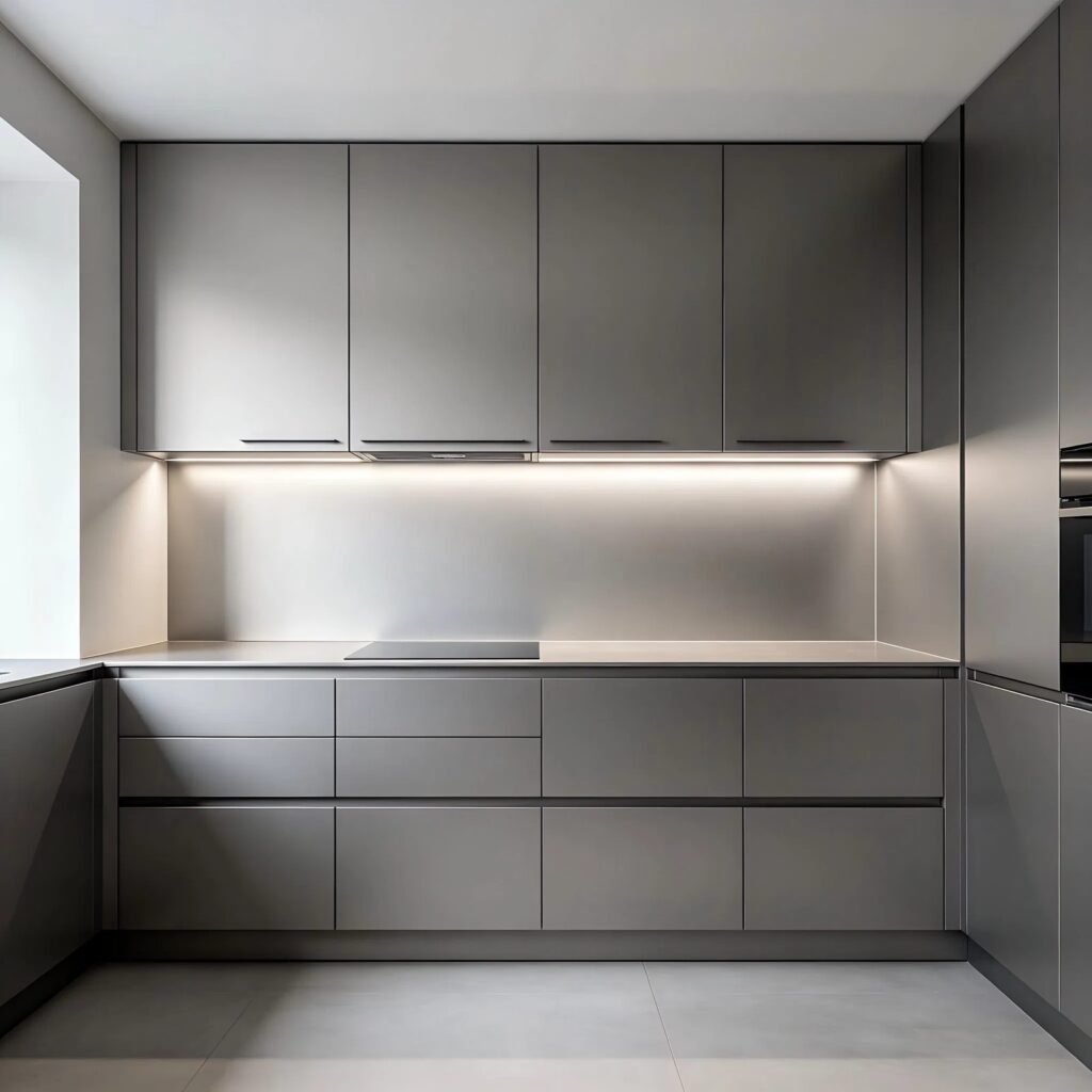 Modern Matte Grey Kitchen with Hidden Lighting and Stainless Steel Backsplash - صورة 2