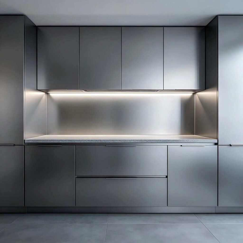 Modern Matte Grey Kitchen with Hidden Lighting and Stainless Steel Backsplash - صورة 3