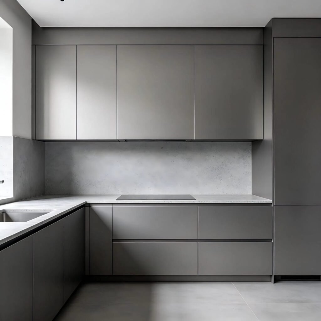 Modern Matte Grey Kitchen with Hidden Lighting and Stainless Steel Backsplash - صورة 4