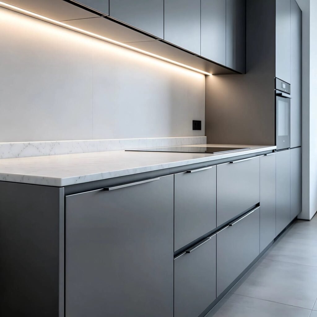 Modern Matte Grey Kitchen with Hidden Lighting and Stainless Steel Backsplash - صورة 5