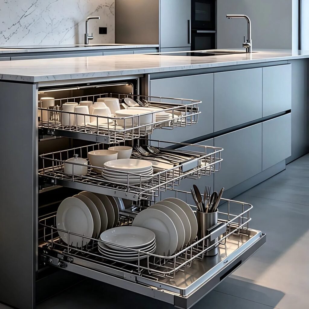 Modern Matte Grey Kitchen with Hidden Lighting and Stainless Steel Backsplash - صورة 6