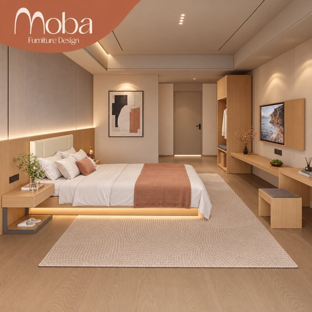 Modern Hotel Bedroom Set with Natural Oak & Hidden Lighting