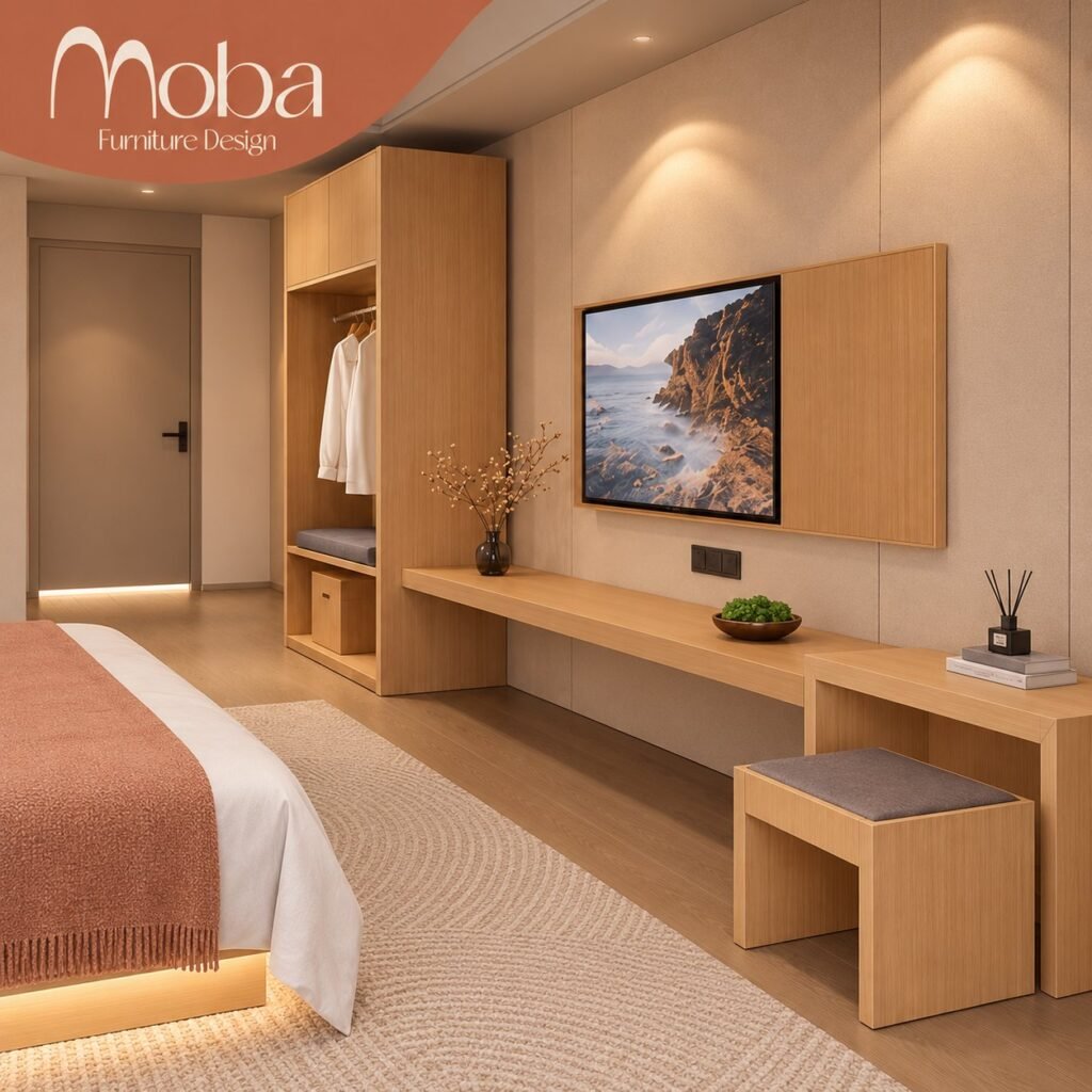 Modern Hotel Bedroom Set with Natural Oak & Hidden Lighting - صورة 4
