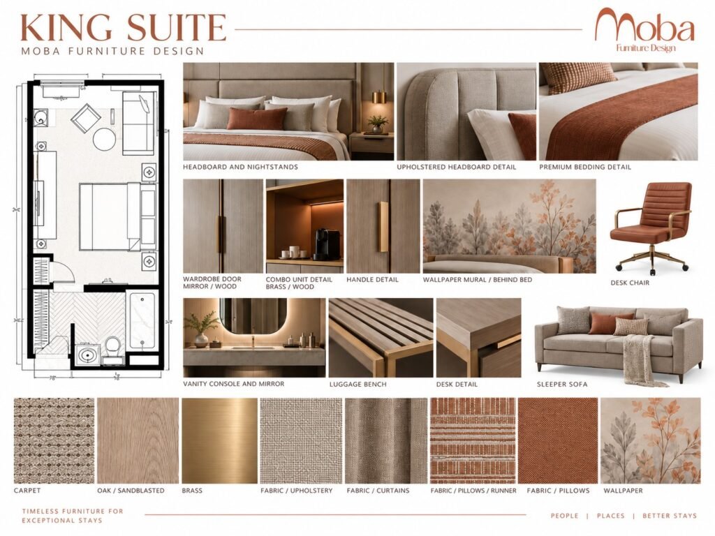 لوحة تصميم جناح فندقي King Suite من موبا: مسقط الغرفة وقطع الأثاث والخامات