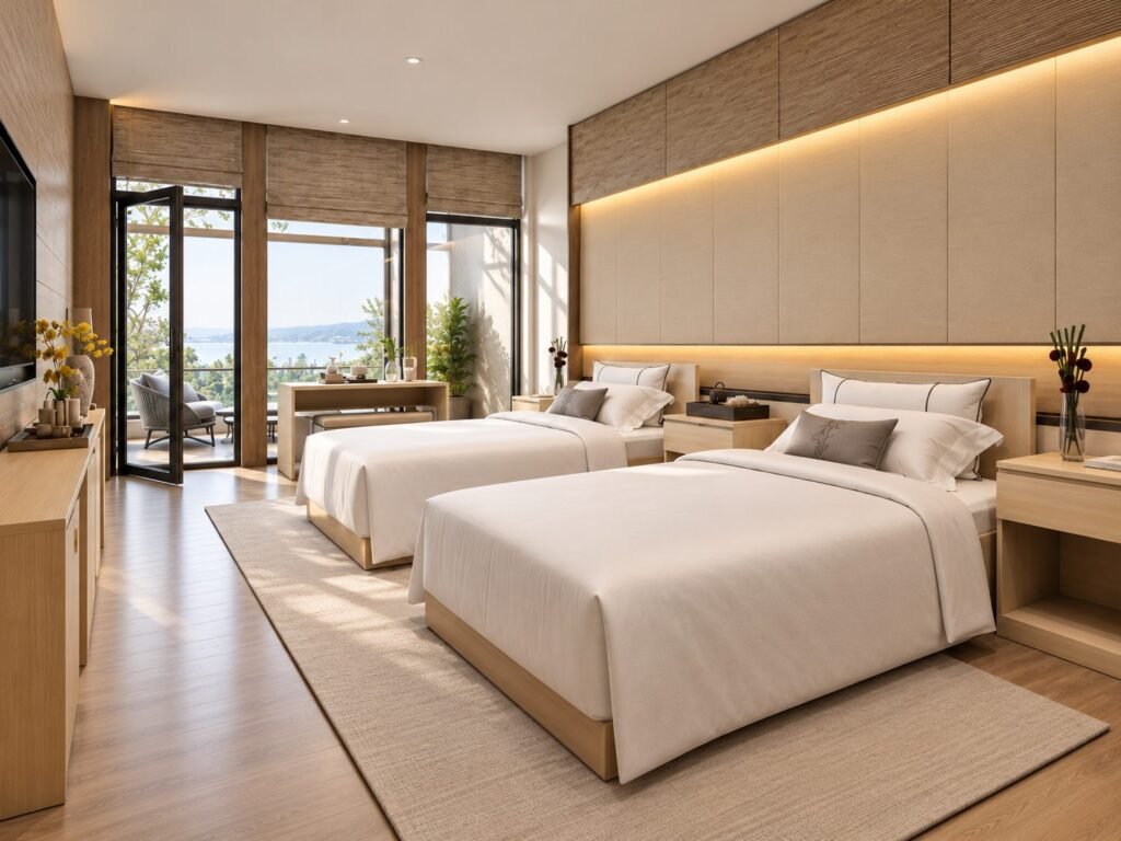 Oak Hotel Room with Padded Wall Panel and Hidden Lighting (King / Twin) - صورة 2
