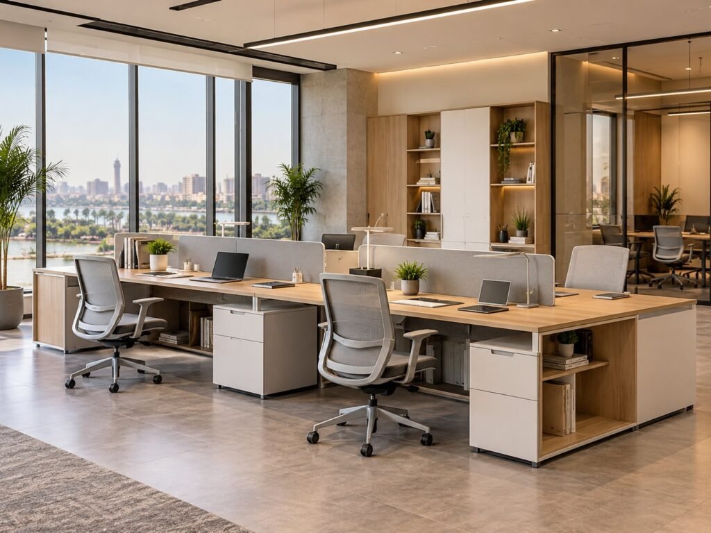 Open-Plan Workstations with Wood Tops & Fabric Dividers