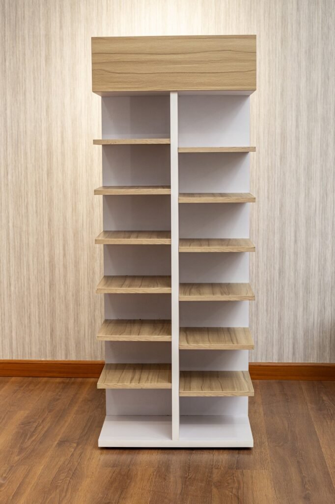 Open Shoe Rack with Angled Wood Shelves & Top Drawer
