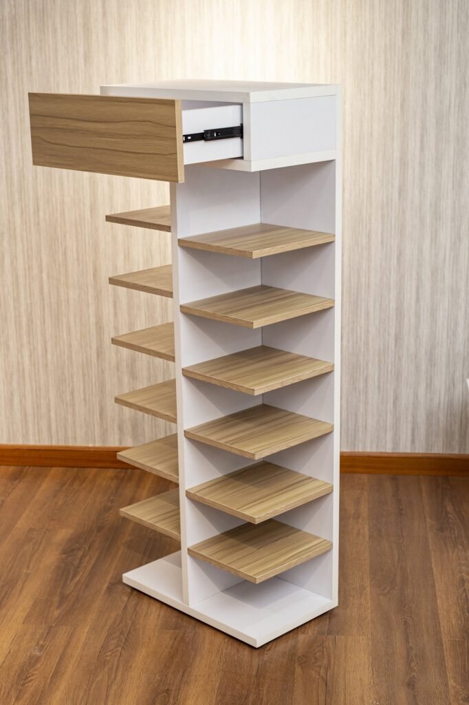 Open Shoe Rack with Angled Wood Shelves & Top Drawer - صورة 3
