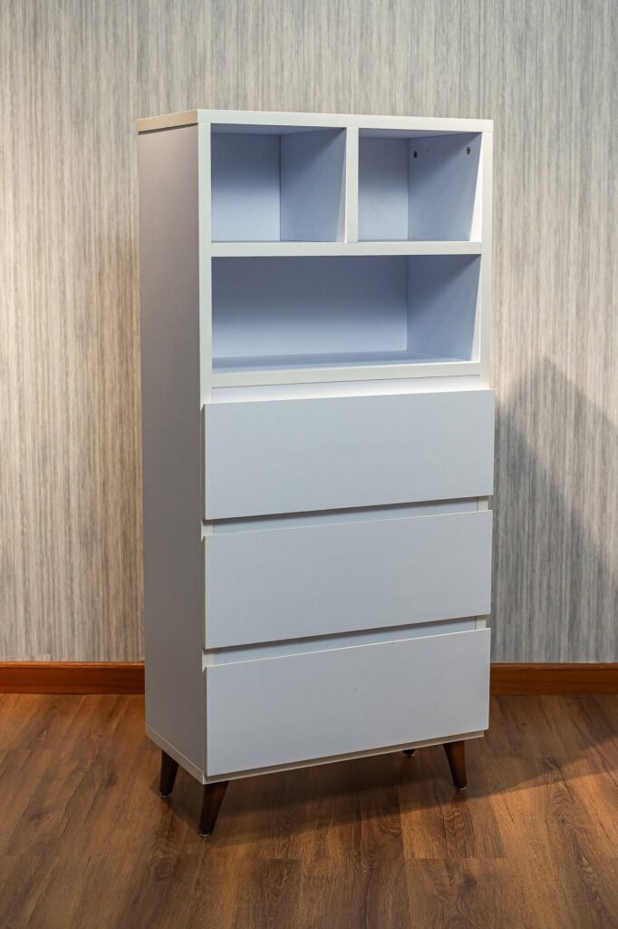 Tall Shoe Cabinet with Open Shelves, 3 Drawers & Wooden Legs - صورة 6