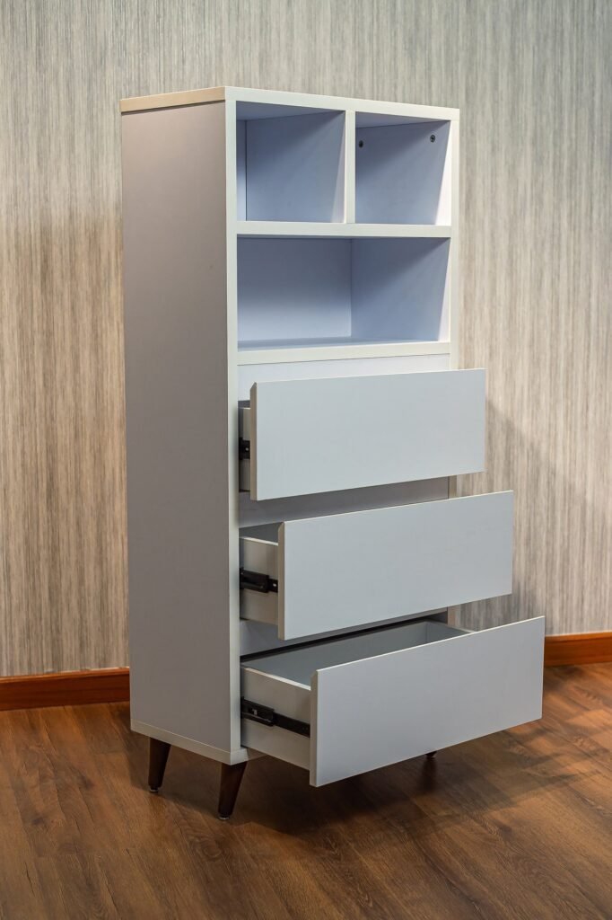 Tall Shoe Cabinet with Open Shelves, 3 Drawers & Wooden Legs - صورة 7