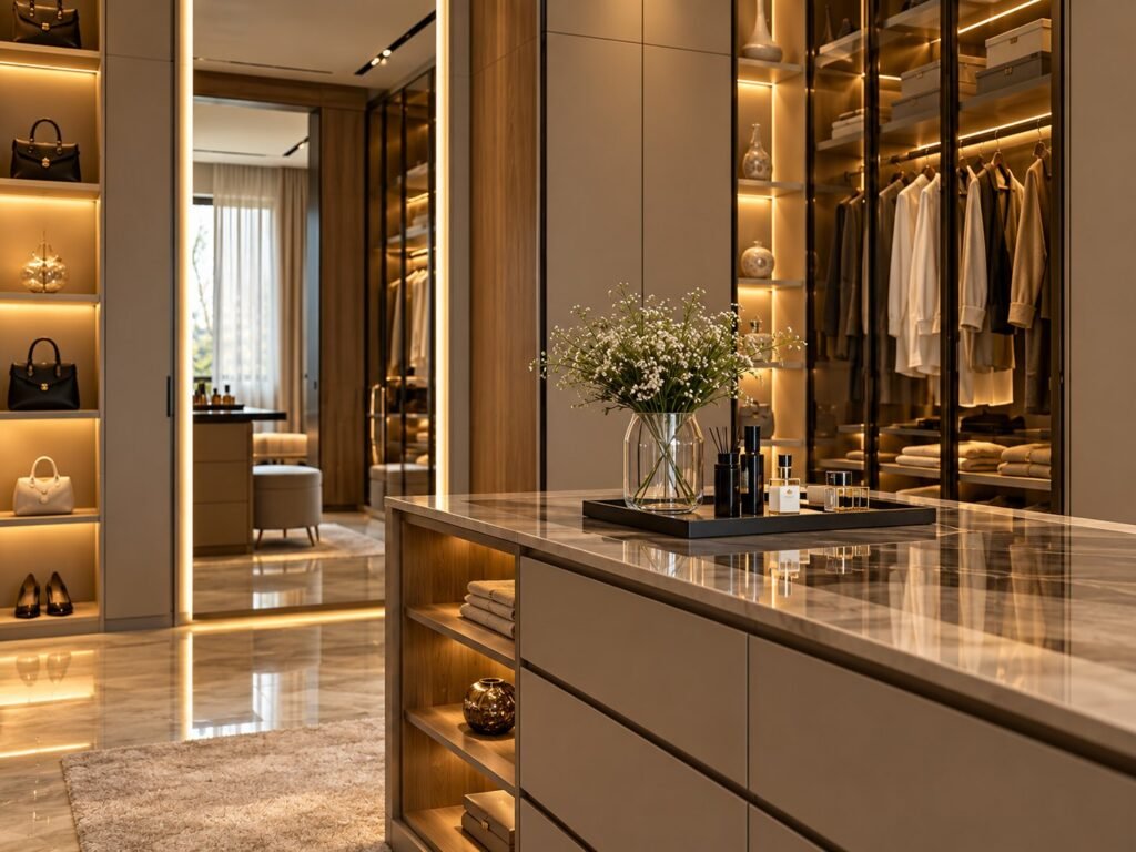 Taupe Walk-in Closet with Smoked Glass & Marble Island - صورة 3