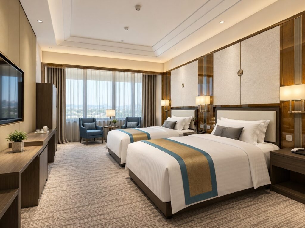 Twin Hotel Room with Blue Accents and Lounge Armchairs