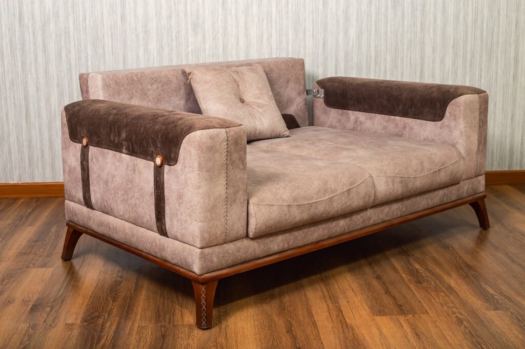 Two-Tone Suede Two-Seat Sofa with Adjustable Arms & Wood Base - صورة 5