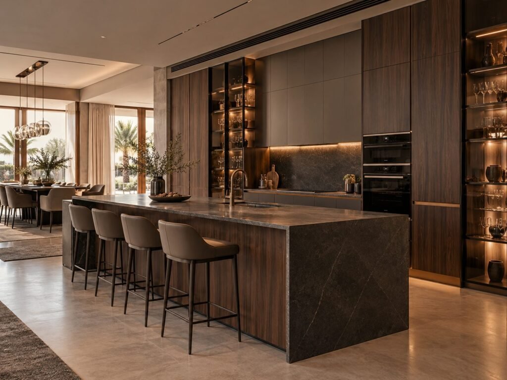 Walnut & Matte Grey Kitchen with Glass Display Cabinets and Marble Island