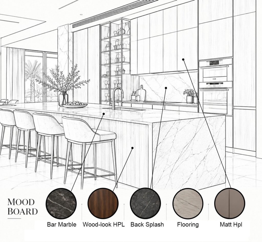 Walnut & Matte Grey Kitchen with Glass Display Cabinets and Marble Island - صورة 4