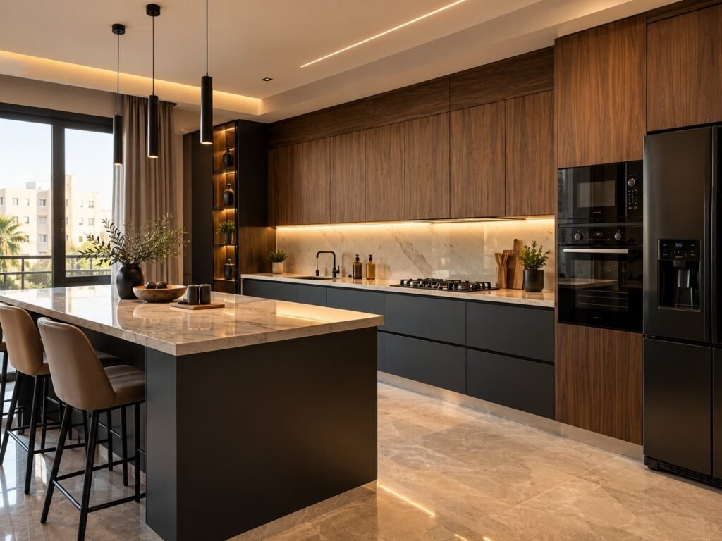 Walnut & Matte Black Kitchen with Marble Island