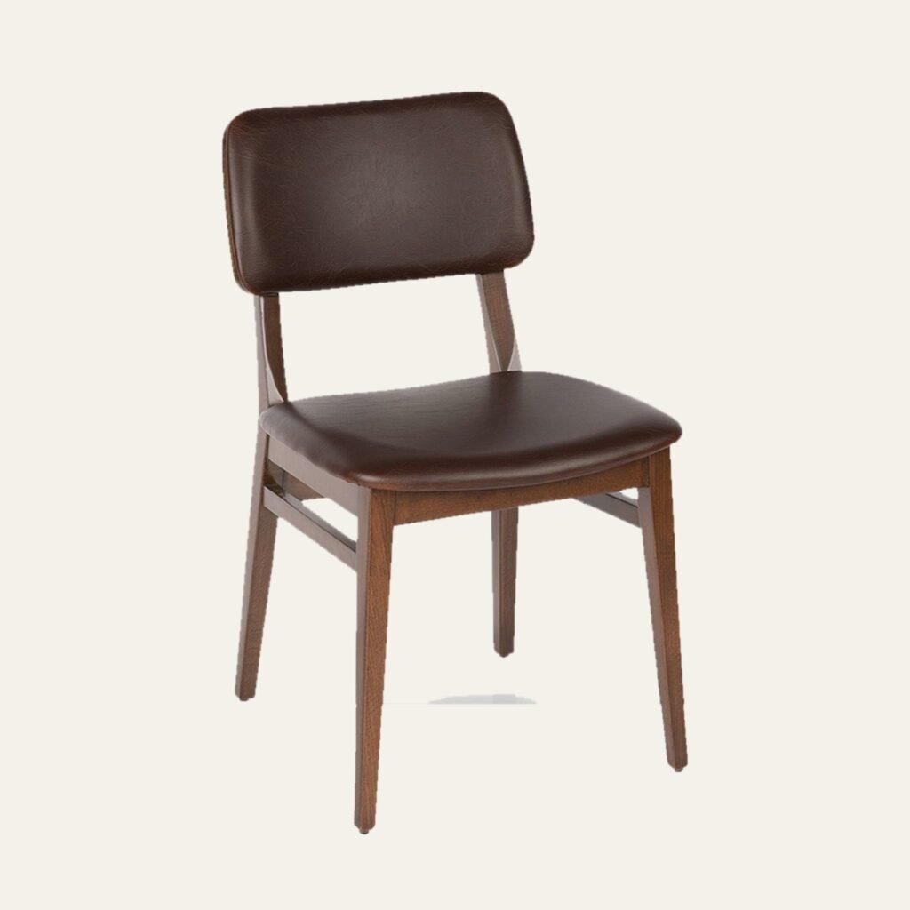 Walnut Wood Restaurant Chair with Brown Leather Upholstery